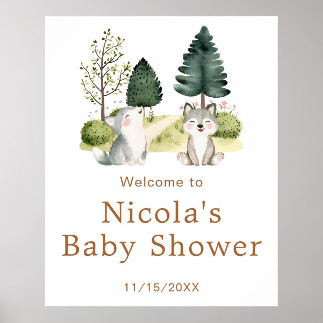 Woodland Wolf Baby Dusche Willkommenspender Poster (Vorne)