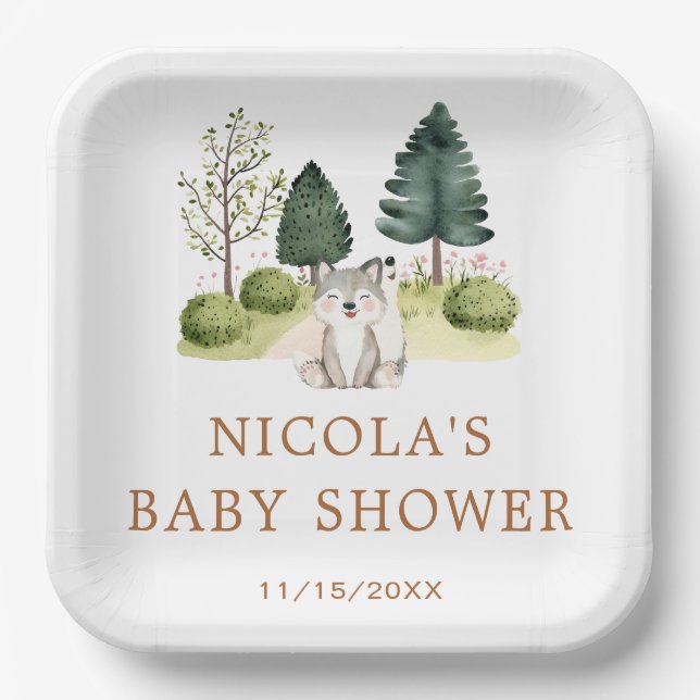 Woodland Wolf Babydusche Pappteller (Vorderseite)