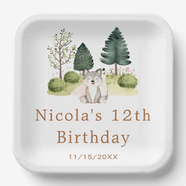 Woodland Wolf Birthday Party Pappteller (Vorderseite)