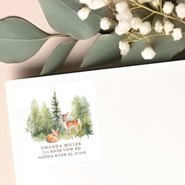 Woodland Wonder Deer Baby Dusche Adressetikett Quadratischer Aufkleber (Von Creator hochgeladen)