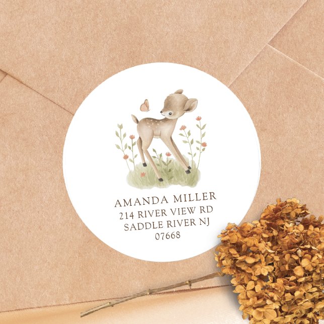 Woodland Wonder Deer Baby Dusche Adressetikett Runder Aufkleber (Von Creator hochgeladen)