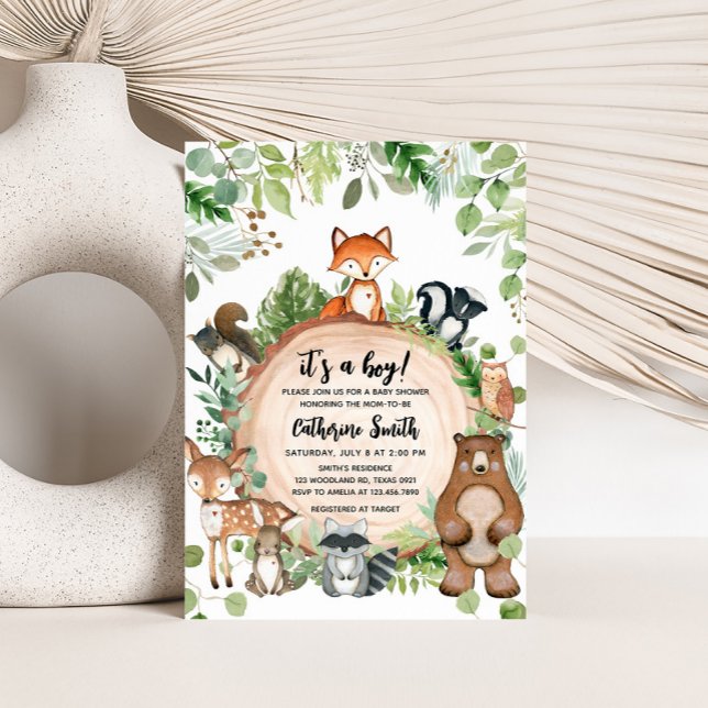 Woodland Wood Slice Baby Shower Einladung (Woodland Animals Baby Shower Invitation)