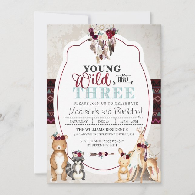 Woodland Young Wild and Three Birthday Invitation (Devant)