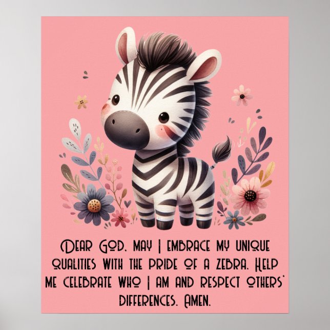 Woodland Zebra Kinder Christliches Gebet auf Rosa  Poster (Vorne)