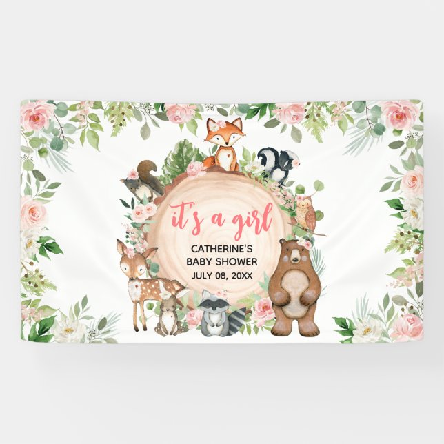 Woodlandtiere Blumenholz Slice Babydusche Banner (Horizontal)