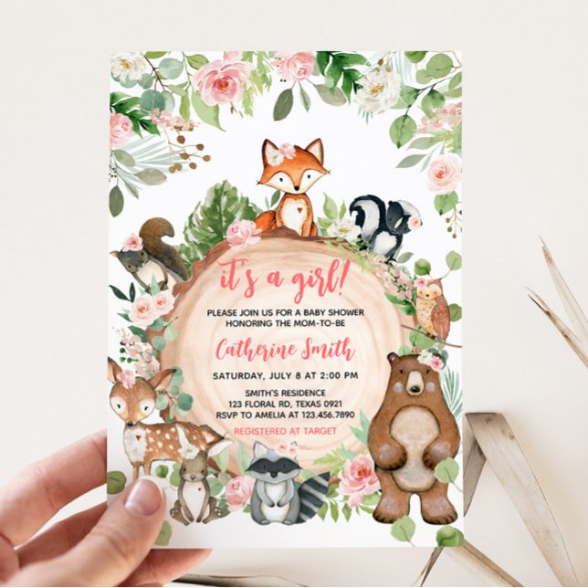 Woodlandtiere Blumenholz Slice Babydusche Einladung (Girl Floral Wood Slice Baby Shower Invitation)