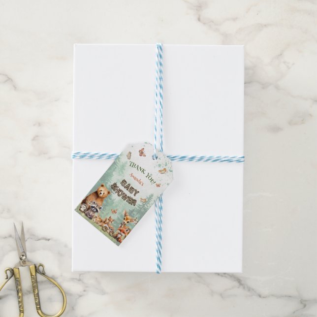 Woodlandtiere Floral Baby Dusche Danke Geschenkanhänger (Mit Garn)