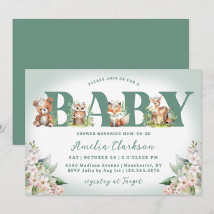 Woodlandtiere weiche grüne & florale Babydusche Einladung
