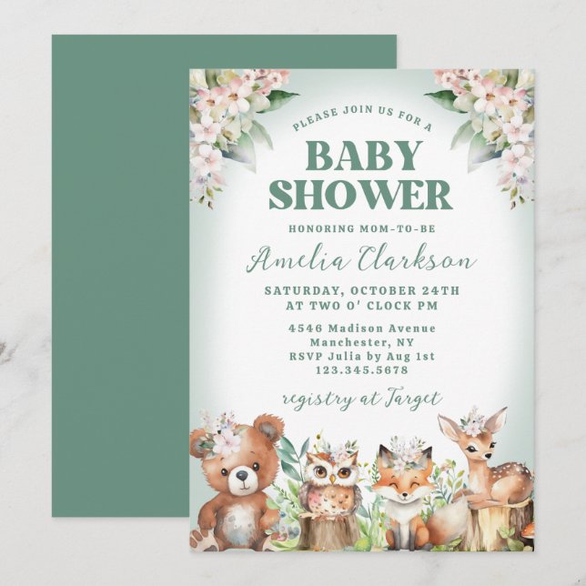Woodlandtiere weiche grüne & florale Babydusche Einladung (Vorne/Hinten)
