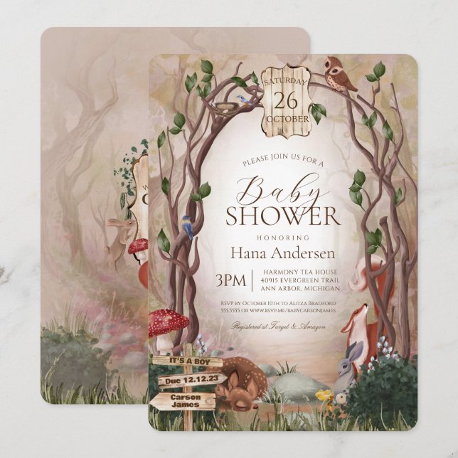 Woodlandtiere Whimsical Forest Baby Dusche Einladung (Vorne/Hinten)