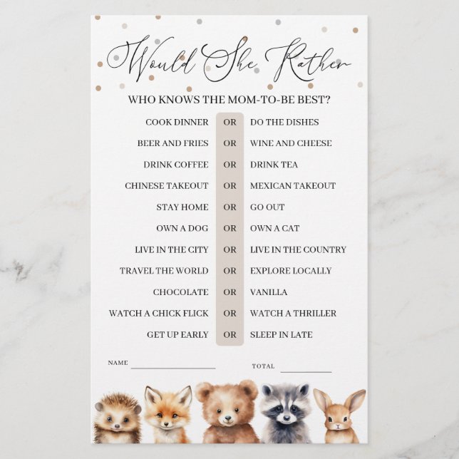 Woodlandtiere würden eher Baby-Dusche-Spiel (Vorderseite)