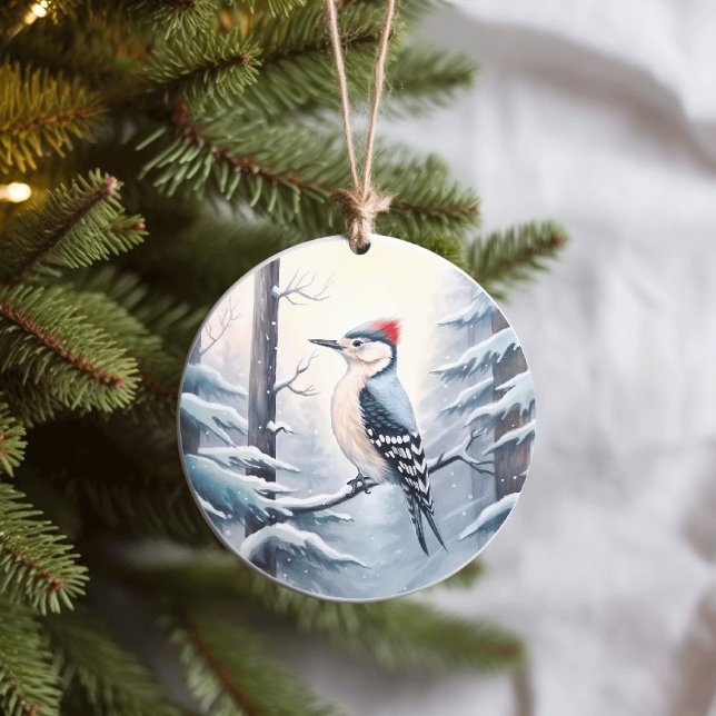 Woodpecker in Snowy Winter Woodland Weihnachten Keramik Ornament (Von Creator hochgeladen)