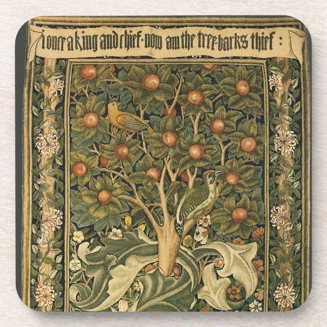 Woodpecker von William Morris, Vintage Textilkunst Getränkeuntersetzer (Vorderseite)