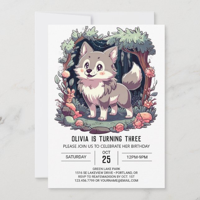 Woods Simple Digital Wolf Geburtstag Einladung (Vorderseite)
