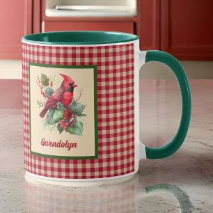 Woodsy Kardinal mit Gingham Monogram Christmas Tasse