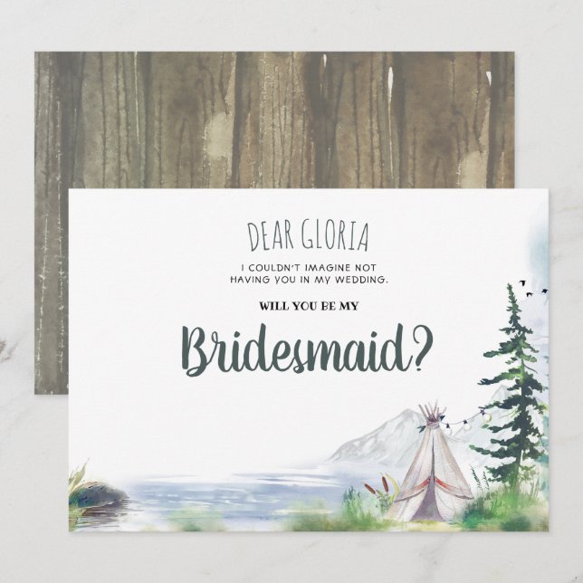 Woodsy Mountains Adventure Bridesmaid Vorschlag Einladung (Vorne/Hinten)