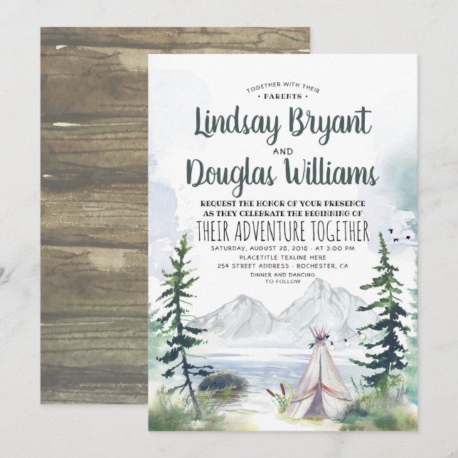 Woodsy Nature Mountains Adventure Wedding Einladung (Vorne/Hinten)