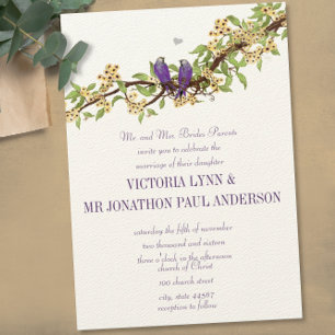 Woodsy Yellow Lila Love Bird Wedding Einladungen