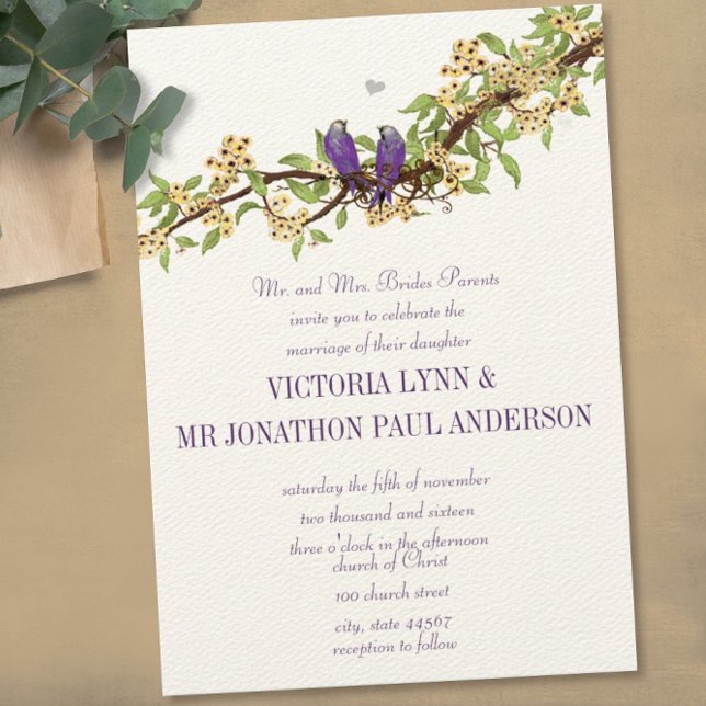 Woodsy Yellow Lila Love Bird Wedding Einladungen (Von Creator hochgeladen)