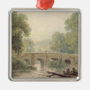 Woody-Landschaft mit einer Steinbrücke über einem Silbernes Ornament