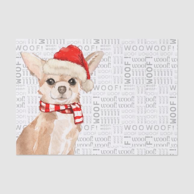 Woof Word Art and Christmas Chihuahua Santa Dog Seidenpapier (Vorderseite)