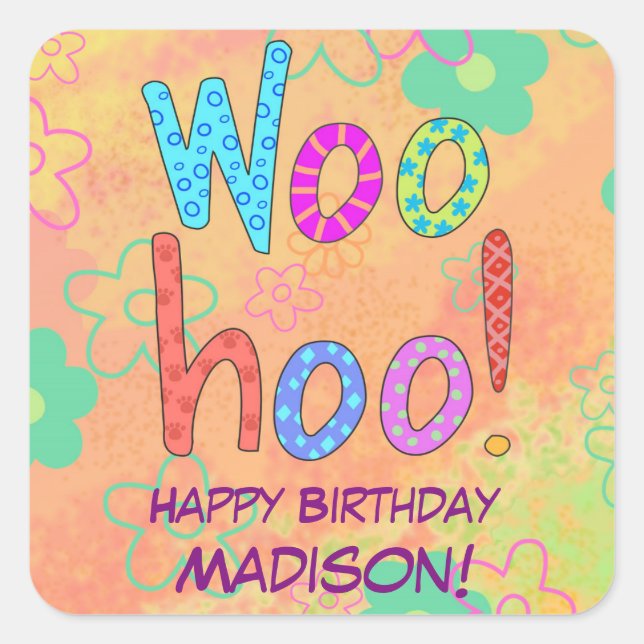 WooHoo Orange Word Art Geburtsname Personalisiert Quadratischer Aufkleber (Vorderseite)