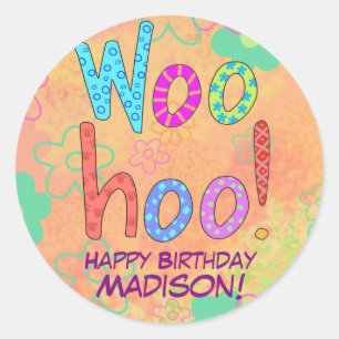 WooHoo Orange Word Art Geburtsname Personalisiert Runder Aufkleber