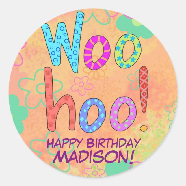 WooHoo Orange Word Art Geburtsname Personalisiert Runder Aufkleber (Vorderseite)