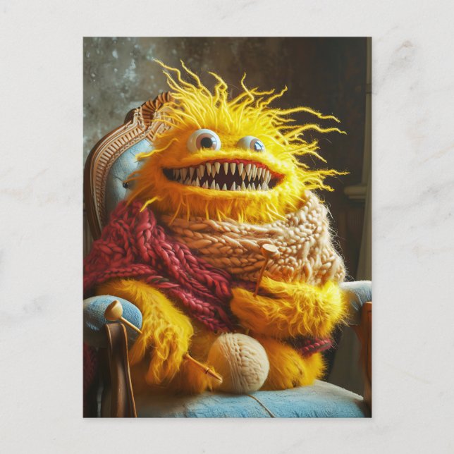 Wool monster crocheting in a chair. Funny Postkarte (Vorderseite)