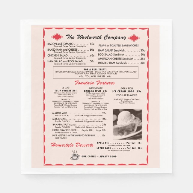 Woolworth Menu Paper Napkins Serviette (Vorderseite)