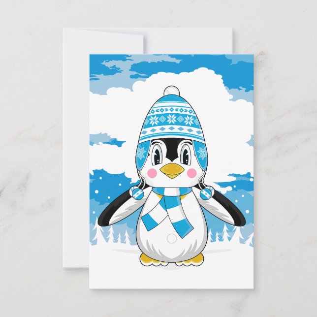 Wooly Hat Penguin RSVP Card Karte (Vorderseite)