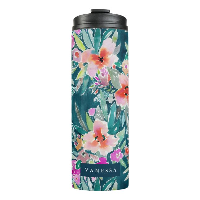 WOOT bunte tropische BlumenAquarell GEWOHNHEIT Thermosbecher (Vorderseite)