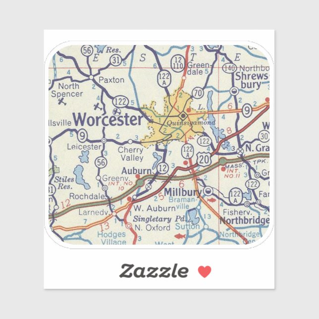 Worcester MA Vintag Map Aufkleber (Blatt)