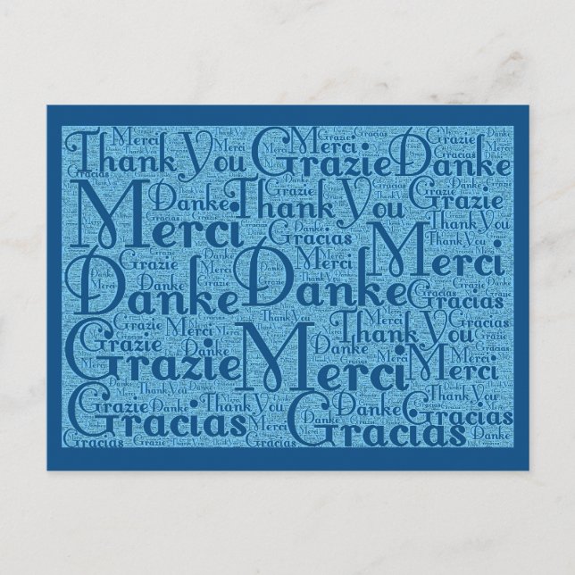 Word Art: Vielen Dank in mehreren Sprachen - Aqua  Postkarte (Vorderseite)