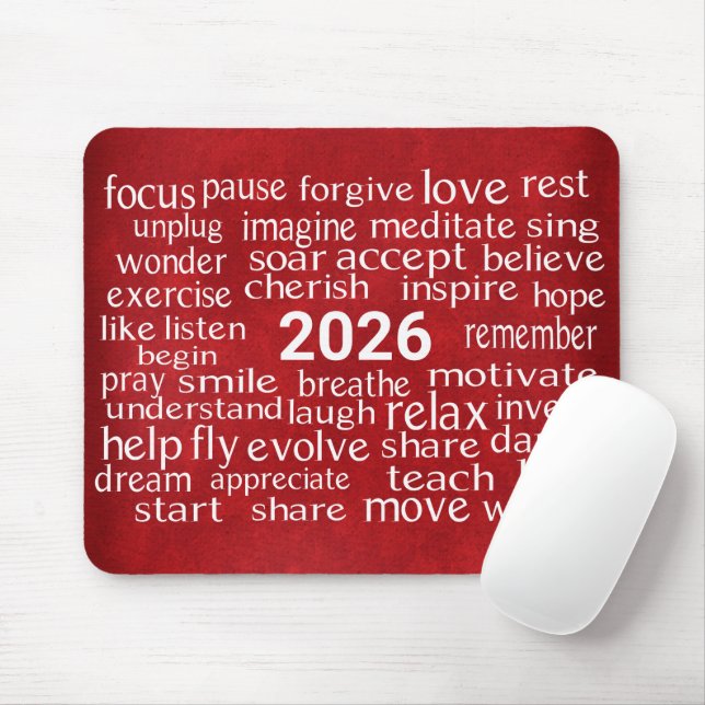 Word Cloud 2026 über rotes Leder Mousepad (Mit Mouse)