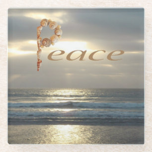 Word Peace with Seashells Ocean Horizon Landscape Glasuntersetzer