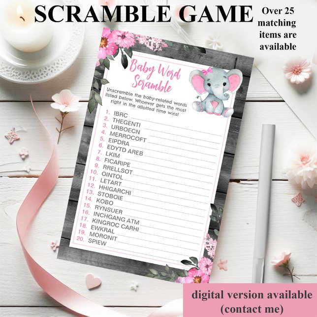 Word Scramble Game Elephant Pink Floral Flyer (Von Creator hochgeladen)