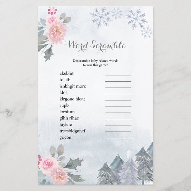 Word Scramble Game Winter Floral Schneeflocken (Vorderseite)