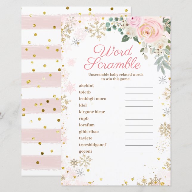 Word Scramble Game Winter Pink Floral Schneeflocke (Vorne/Hinten)