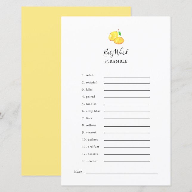 Word Scramble Lemon Baby Shower Game Elegant (Vorne/Hinten)
