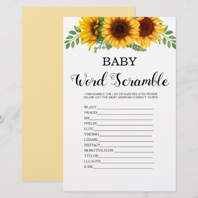 Word Scramble Sunflower Baby Showspiel (Vorne/Hinten)