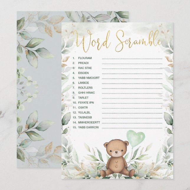 Word Scramble Teddy Bear Greenerity Baby Shower Ga Einladung (Vorne/Hinten)