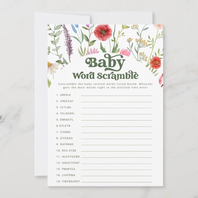 Word Scramble Wildblume Kinderspielkarte Einladung (Vorderseite)