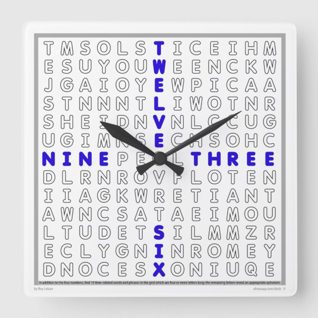 Word Search Clock mit herunterladbarem Puzzle (bla Quadratische Wanduhr (Vorderseite)