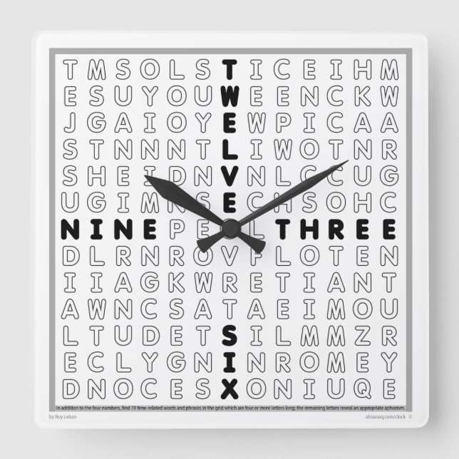 Word Search Clock mit herunterladbarem Puzzle (sch Quadratische Wanduhr (Vorderseite)