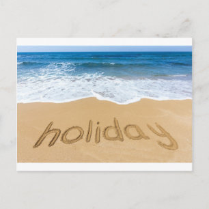 Word-Urlaub in Sand geschrieben Feiertagspostkarte