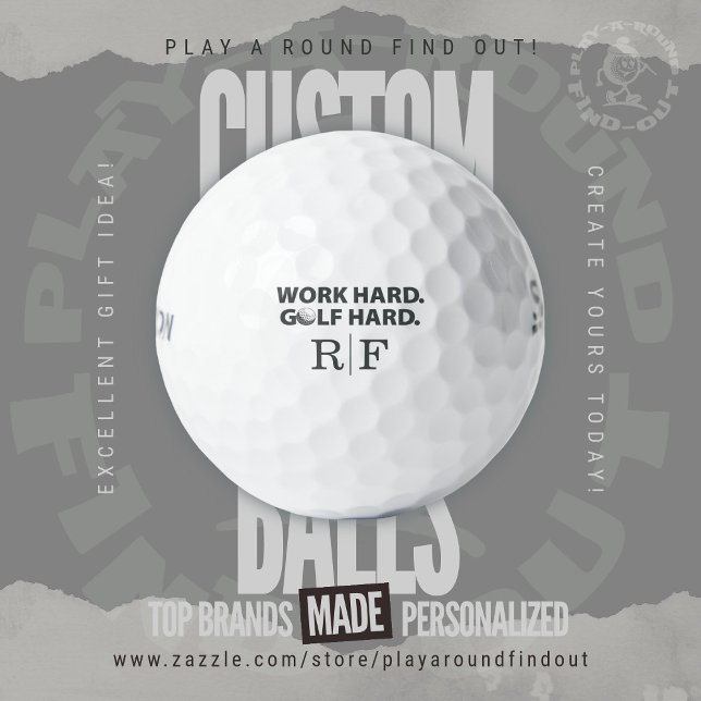 Work Hard Golf Hard Funny Typography Monogram Golfball (Custom Monogram Golf Balls! Personalized "Work Hard. Golf Hard." gifts for the dedicated golfer.)