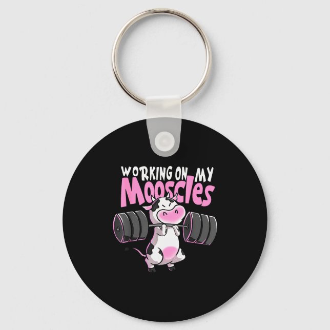 Working On My Mooscles Funny Gym Cow Weightlifting Schlüsselanhänger (Vorderseite)
