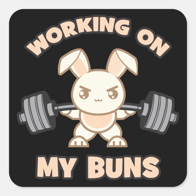 Workout Bunny Cartoon - Arbeit an meinen Brötchen  Quadratischer Aufkleber (Vorderseite)