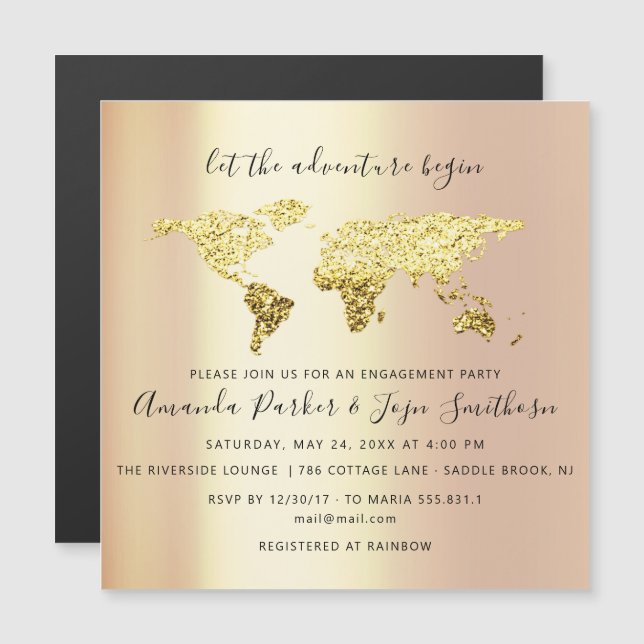 World Destination Map Graduate Bridal Wedding Gold Magneteinladung (Vorne/Hinten)